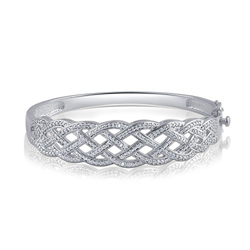 Diamondmuse Diamond Accent, Flashed White Gold Plated On Brass Diamond Accent Double Criss Cross Bangle (J- I3) For Teen Girls Her Womens Fine Jewelry #TOP2