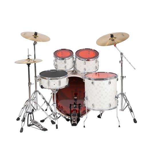Image of TempoX Professional 5-Piece Acoustic Drum Set with 2 Cymbals & Hi-Hat (White) | Heavy-Duty Double Braced Stands | Complete Full Drum Set Kit for Practice & Performance