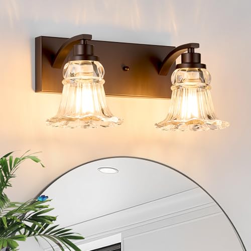 Haolaike Vintage 2-Light Bathroom Vanity Light, Oil Rubbed Bronze Bathroom Light Fixtures with Floral Clear Glass Shades, Antique Wall Sconce Fixtures for Dressing Table, Bedroom