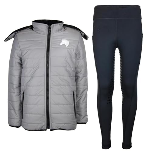 MS-Trachten Reitset Winter Kinder Reitjacke Moni Silber gesteppt mit Reitleggings Amy Schwarz (146/152)