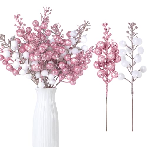 Geosar 36 Pcs Christmas Glittered Berries Stems, White, Pink