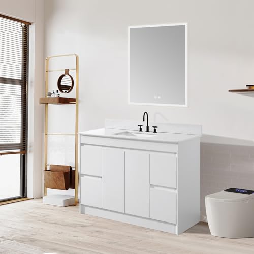 TONYRENA 48 inch Bathroom Vanity with Sink Combo Set, Undermount Stone Top with Ceramic Sink w/Thicked Wood Cabinet, Soft Closing Cabinet Door & Drawers, White - Thumbnail 3