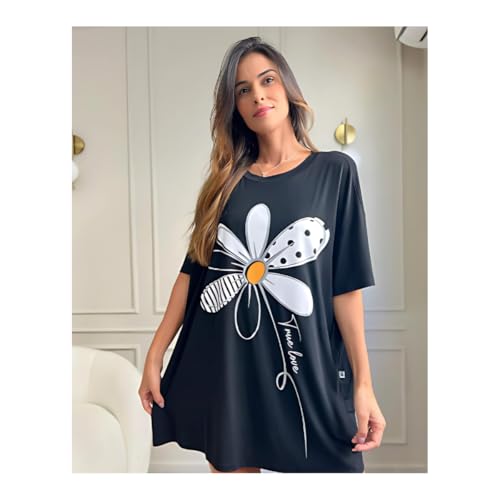 Camisola Feminina De Dormir Camisetão Verão Manga Curta Flor (Padrão, Preto, P)
