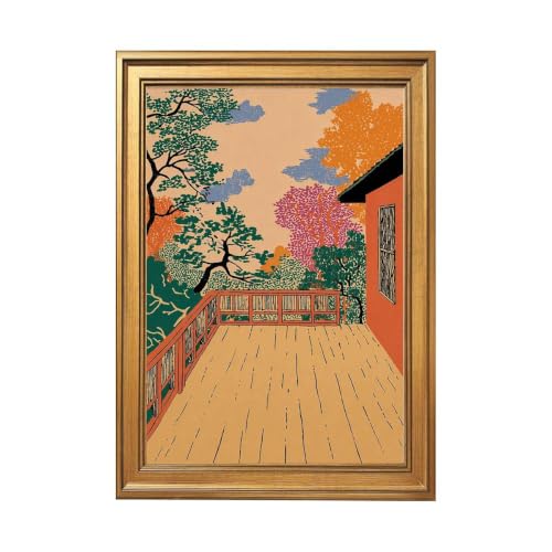 Framed Japanese Garden Terrace Poster Canvas Print Vintage Minimalist Aesthetic