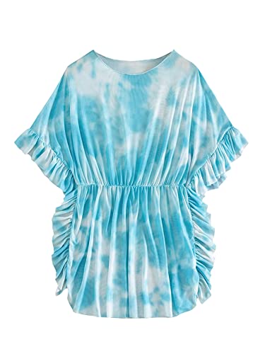 Image of Milumia Girl's Tie Dye Mesh Sheer Ruffle Coverups Beach Swimsuit Cover Up Ruffle Trim Blue 10 Years