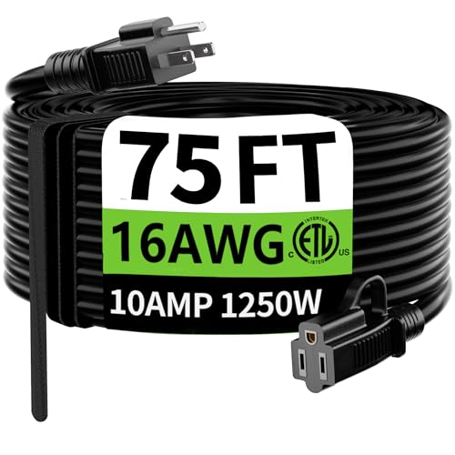 HUANCHAIN Indoor Outdoor Black Extension Cord 75 Ft Waterproof 16/3 Gauge Flexible Cold-Resistant Appliance Extension Cable Outside 10A 1250W 16AWG SJTW 3 Prong Electric Cord ETL