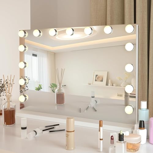 YU YUSING Specchio Trucco con Luci Hollywood, 58X45cm Specchio 15 Lampadine Led Trucco USB, 3 Temperature di Colore, Specchio da Tavolo 10X, Specchio Cosmetico da Parete, Controllo Tattile, Bianco