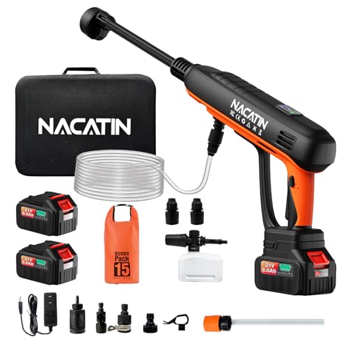 Cordless Portable Washer, 3 Gear 1200PSI Brushless Washer for Car Washing, Patio, Fence, Driveway, Outdoor Cleaning， with 2 Batteries, 6 in 1 Nozzle, 6 Meter Hose, Tap Adapter