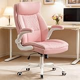Furnistyle Leather Office Chair, Computer Desk Chair with Lumbar Support,Height Adjustment, Comfortable Excutive Task Chairs 400lbs with Padded Flip-up Armrests, Pink