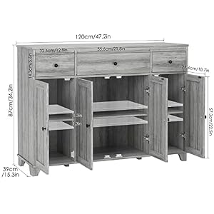HIFIT Kitchen Buffet Cabinet with Storage Drawers Farmhouse Sideboard Buffet Table Storage Cabinet with Doors and Adjustable Shelves 47 Wood Coffee Bar Cabinet for Kitchen Dining Living Room Grey