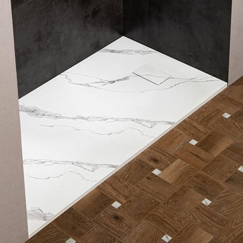 Woodbridge 47.25 in L x 31.5 in W Zero Threshold End Drain Shower Base with Reversible Drain Placement, Matching Decorative Plate and Tile Flange, Wheel Chair Access, Low Profile, Carrara White
