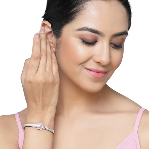 Image of ZENEME Rhodium-Plated Square Shaped American Diamond Studded Kada Bracelet For Girls and Women