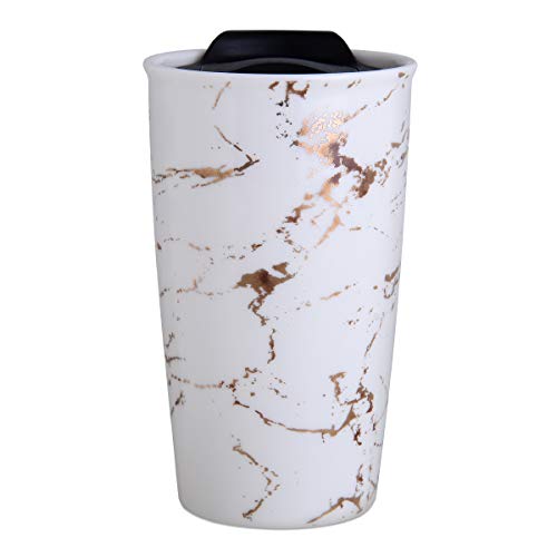 ANTIS'S HOME Ceramic Travel Mug with Lid, Flower Pattern Beige Double Wall Coffee Mug Tumbler, Reusable Tall Cup, Splash Resistant Lid, Dishwasher Microwaveable Safe Beige Flower