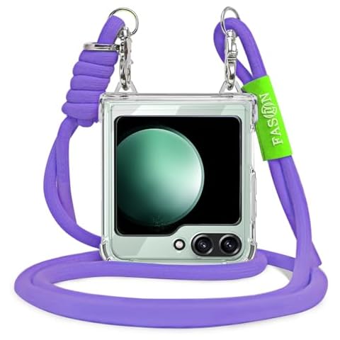 HOGGU Compatible with Samsung Galaxy Z Flip 6 Case Clear with Hinge Protection & Crossbody Strap, Slim Thin Hard Protective Lanyard Phone Case Cover for Z Flip 6 Cases (Clear/Purple Strap) Cover