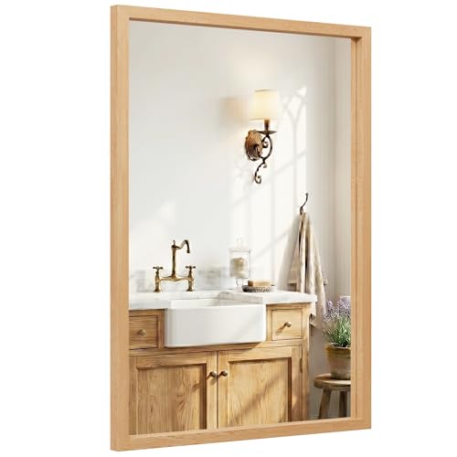 Pocetry 24" x 36" Natural Oak Bathroom Mirror, Moisture-Resistant Rectangular Vanity Mirror with Wood-Textured Frame, Shatterproof Tempered Glass, Japandi & Scandi Home Decor