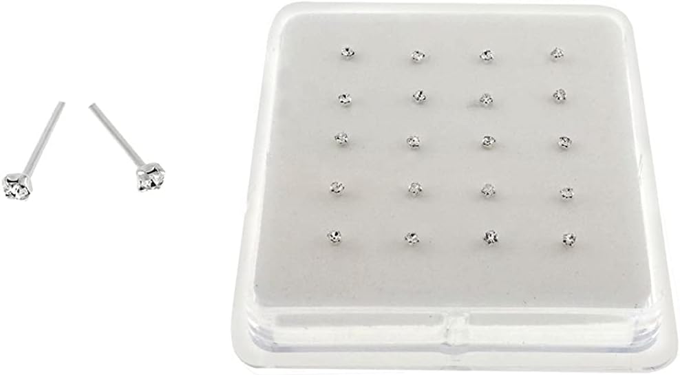 Silver Set of 20 Round Clear Simulated Diamond Nose Stud Box 1.5 mm Straight - Image 2