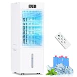 Rafraîchisseur d'Air 4 en 1, Climatiseur Mobile avec Réservoir 6L, Minuterie, 3 Vitesses 4 Modes, 4 Pack Glacons, Télécommande, Refroidisseur Portable pour la Maison, le Bureau et la Chambre