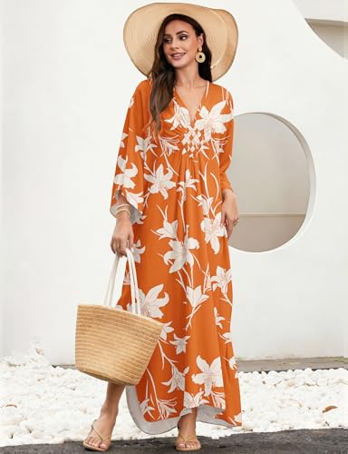 Image of MAKABO Kaftan Dresses for Women, V Neck Moo Moos Colorful Print Cover Ups Caftan Beach Dresses for Swimwear