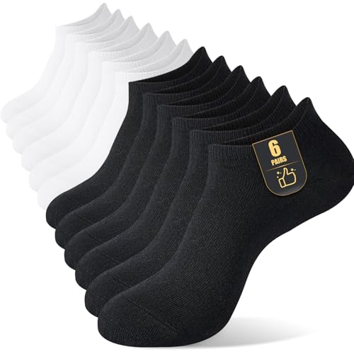 SockWaddles 6 Pairs Cotton Trainer Socks Womens 3-5/6-8 Thin Breathable Ladies Ankle Socks Low Cut Summer Sock Black & White