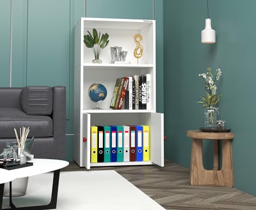 Image of Madhuran Rico Engineered Wood Free Standing Almirah 2 Door Bookcase Organizer (21x11x40 Inches White) Home Bedroom Living Room Office Cabinets Wardrobe Kitchen Clothes Storage