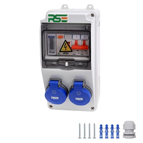 RSE BAUSTROMVERTEILER WANDVERTEILER KOMPLETT VERDRAHTET 230V SCHUKO MIT ZÄHLER ZUR AUSWAHL IP65, 3. 2X 230V MIT LS + FI + ZÄHLER