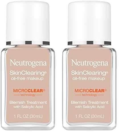 Neutrogena SkinClearing Oil-Free Acne and Blemish Fighting Liquid Foundation with.5% Salicylic Acid Acne Medicine, Shine Controlling Makeup for Acne Prone Skin, 20 Natural Ivory, 1 fl. oz (Pack of 2)
