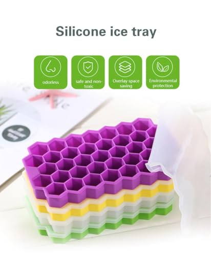 Image of BIDFUL [4 Pack] Silicone Ice Cube Trays for Freezer with Lid - 37 Grid Green Ice Cube Mold, Easy-Release Flexible Ice Trays, Reusable Stackable Ice Tray for Iced Coffee, Juice & Drinks