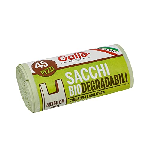 Gallo, 45 Sacchetti biodegradabili e Resistenti, Chiusura con Manici, 43x50cm, 12 Litri