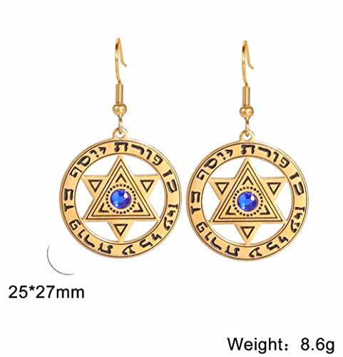 Star Of David Earrings For Women Girls Stainless Steel Hebrew Inscription Hexagram Blue Diamond Round Drop Dangle Earrings Megan Star Jewish Jewelry (Gold) #TOP4