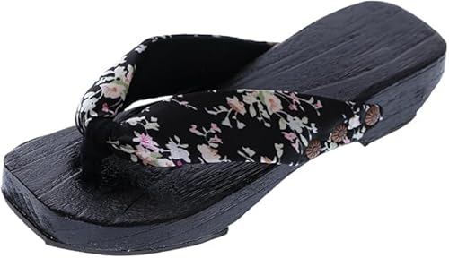 Kawaii-Story K-G-11-1 Sakura Blumen Holz schwarz Original Japan Geta Sandale Tabi Kimono Geisha Zehentrenner, schwarz