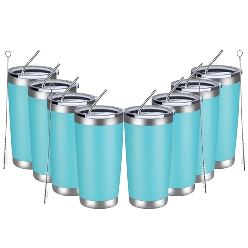 MEWAY 20oz Tumbler 8 Pack Double Wall Vacuum Insulated Travel Mug Bulk, Stainless Steel Tumblers with Lid and Straw, Durable Powder Coated Coffee Cups for Cold & Hot Drinks (Light Blue, 8)
