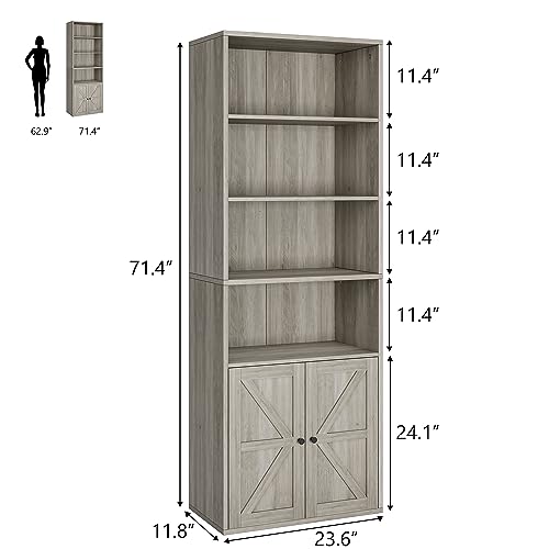 IDEALHOUSE Bookcase with Doors Industrial Bookshelf 11.8in Depth Display Storage Shelves 71.4in Tall Farmhouse Bookcases Wooden 6 Shelf Bookshelvels for Bedroom, Living Room, Home Office, Grey