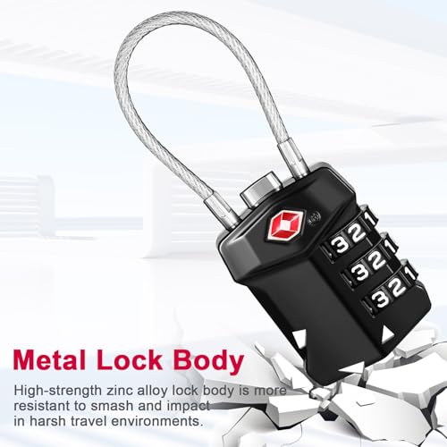 Image of ZHEGE TSA Approved Cable Luggage Lock, Travel Lock, Keyless Padlock (Black) | 3 Digit Combination for Suitcase, Backpack, Bag, Toolbox, Gym Locker - Easy to Read & Use for All Ages