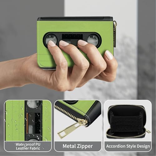 Image of Cute Credit Card Holder with Zipper, Green Tape Cassette RFID-Blocking Card Case Small Wallet for Women Men, Multi-slot Card Organizer Case Travel Accordion Wallet