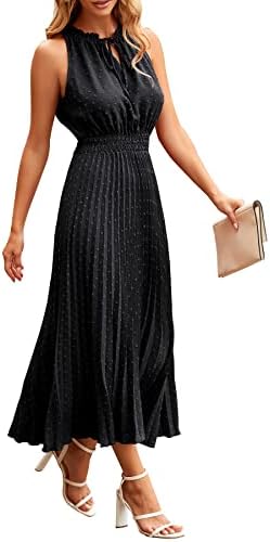 PRETTYGARDEN Women's Midi Summer Dresses Casual V Neck Swiss Dot Ruffle Sleeveless A Line Beach Sun Dress (Black,Small)
