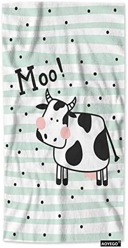 AOYEGO Cow Hand Towel Cute Farm Animal Black White Milk Cow in Green Stripes Polka Dot Spot Kitchen Towels Cotton Face Towel Bath Decor Set for Women Men Girls Boys 15x30 Inch