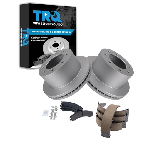 Image of TRQ Rear Brake Pad & Rotor Kit Parking Brake Shoe Set Semi-Metallic Compatible with 2013-2017 Chevrolet Silverado 3500 HD GMC Sierra 3500 HD