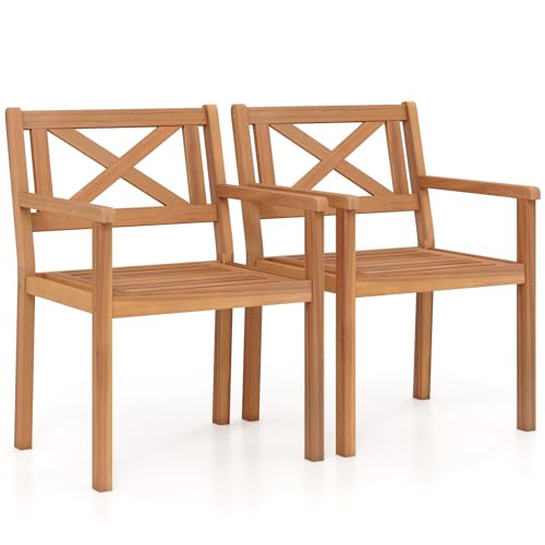 Image of Tangkula Acacia Wood Patio Dining Chairs Set of 2, Outdoor Dining Chairs with 400 lbs Capacity, Heavy-Duty Wooden Armchairs for Porch, Deck, Backyard & Balcony, Teak Finish