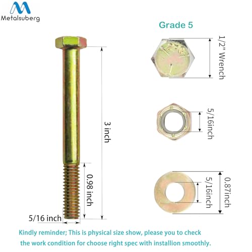 Image of 5 /16 inch x 3 inch Hex Head Bolt by Color Galvanization with Nylon Lock nut and Large Size Washer Assortment Kit,Alloy Steel,Grade 5.(8pcs Pack),by Metalsuberg