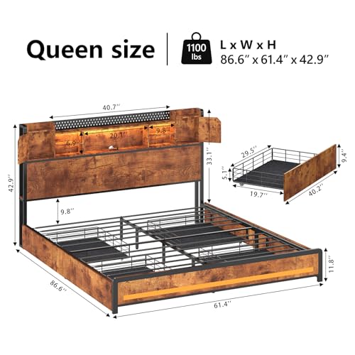 Queen Bed Frame with 4 storage drawers,charging station, LED headboard&footboard with 3-Tier storage shelves, steel slated support, Noise-Free, No Box Spring Needed,1100Lb capacity, Vintage Brown - Thumbnail 2
