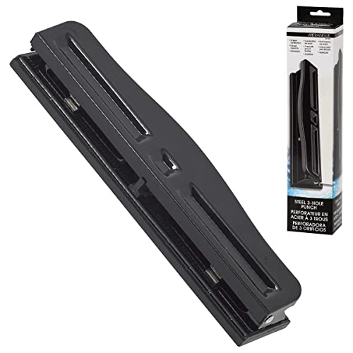 Merangue Punzón ajustable de acero de 3 agujeros, capacidad de 12 hojas, negro