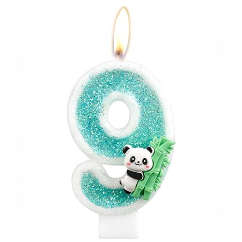 iNINGER Panda Happy Birthday Cake Topper Number 9 Candle Panda Bear Bamboo 9th Birthday Cake Decoration Jungle Animals Theme Party Birthday Supplies for Boys Girls Kids (9th Green)