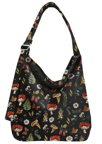 VelvetHue Corduroy Hobo Bag for Women - Large Shoulder Tote Bag with Zipper Cute Handbags Big Capacity Travel Work Bag Black Mushroom