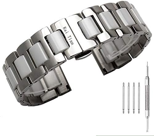 Kai Tian 20mm Watch Band Silver Stainless Steel and White Ceramic Watch Bands Polished Watch Bracelet Butterfly Clasp Wrist Band