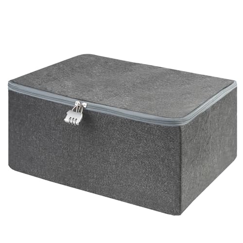 BATHRINS Abschließbare Box, Aufbewahrungsbox mit Deckel Stoff, Box Abschließbar Grau, Faltbare Stoffbox mit Schloss, Abschliessbare Kiste für Bettwäsche Kleidung Toys(30×20×14cm)