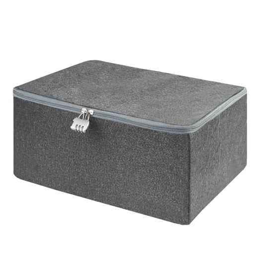 BATHRINS Abschließbare Box, Aufbewahrungsbox mit Deckel Stoff, Box Abschließbar Grau, Faltbare Stoffbox mit Schloss, Abschliessbare Kiste für Bettwäsche Kleidung Toys(30×20×14cm)