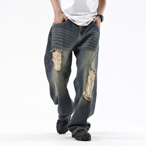 Men's Distressed Ripped Baggy Jeans Wide Leg Grunge Y2K Hip Hop Streetwear Casual Pants2