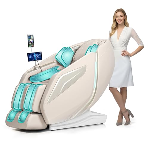 HealthRelife Ganzkörpermassagesessel mit Bodyscan 4D-Robotische Hände Intelligente Shiatsu Massagesitzauflage mit Sprachfunktion Rückenheizung(Beige)