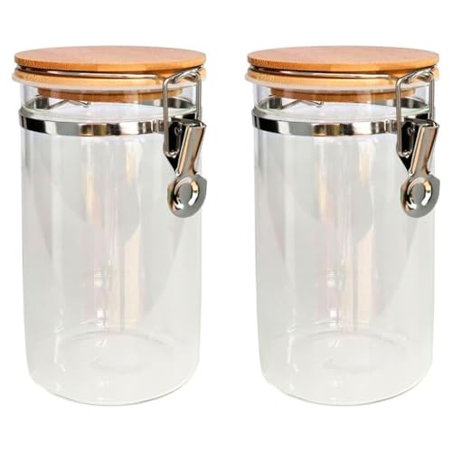 Tradineur - Pack de 2 tarros de vidrio borosilicato con tapa de bambú y cierre metálico, bote hermético, frasco, recipiente para guardar pasta, café, condimentos - 23 x 14 x 10,5 cm - 1400 ml