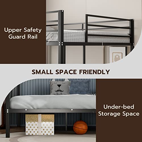 IKIFLY Metal Full Over Full Bunk Beds, Heavy Duty Twin Bunk Bed Frame with 2 Built-in Ladders, Safety Guard Rail, Space-Saving Design, for Kids, Teens, Adults - No Box Spring Needed - Black